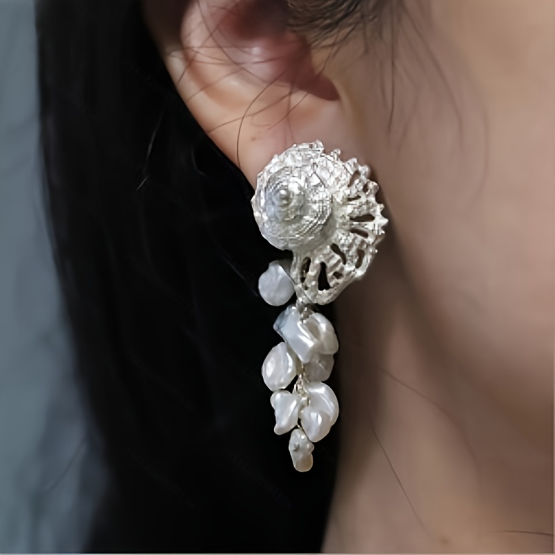 Handmade Sea Snail Pearl Tear Design Stud Ear Clips